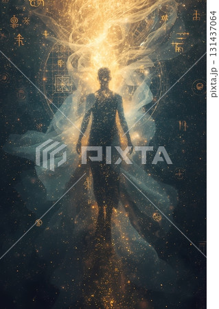 female figure surrounded by glowing light 131437064