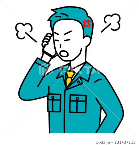 スマートフォンでの通話で怒る作業員の男性 スマートフォンでの通話で怒る作業員の男性 131437115