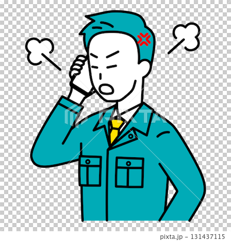 スマートフォンでの通話で怒る作業員の男性 スマートフォンでの通話で怒る作業員の男性 131437115