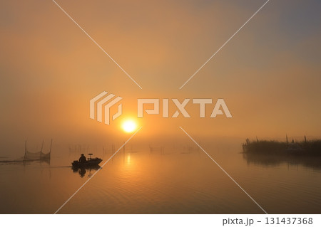 朝焼けの霧立つ印旛沼の日の出 131437368