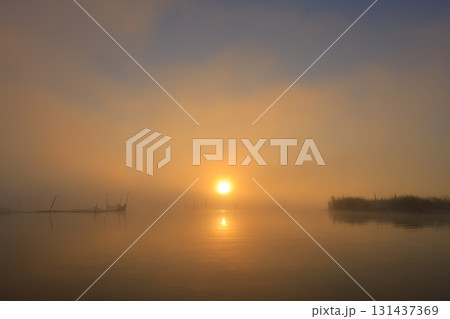 朝焼けの霧立つ印旛沼の日の出 131437369