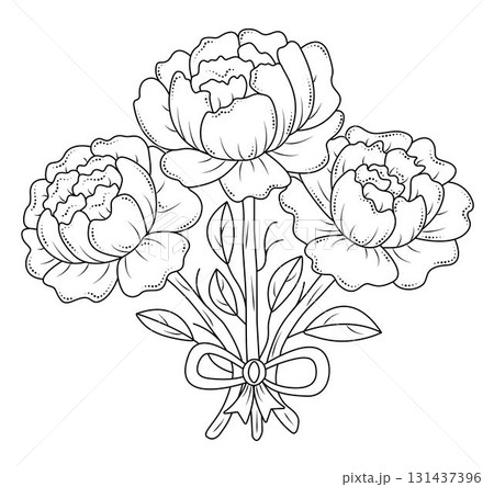 Three black line peonies, vector monochrome peony bouquet with a bow 131437396