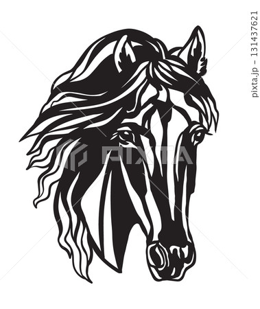 Close up horse head silhouette black and white vector illustration Close up horse head silhouette black and white vector illustration 131437621