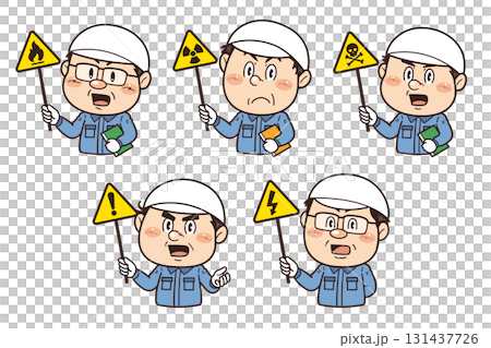 工場や現場で働く作業員が警告標識を持つイラスト｜不安全行動・不安全状態・労働災害 131437726