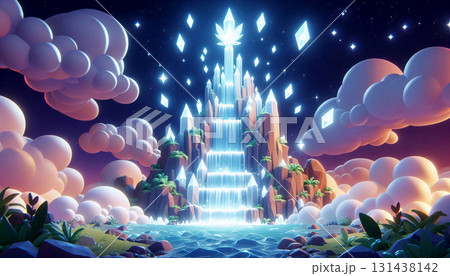 Crystal waterfalls cascading upward into glowing clouds 131438142