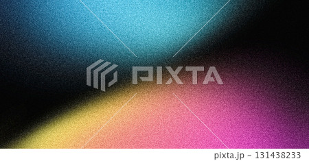 Blue pink yellow vibrant color gradient shapes on black backdrop, abstract poster background, grainy texture banner header poster design 131438233