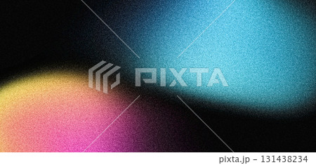 Blue pink yellow vibrant color gradient shapes on black backdrop, abstract poster background, grainy texture banner header poster design 131438234