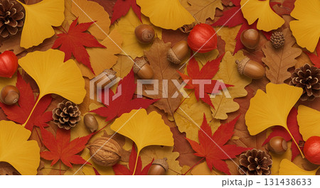 紅葉とイチョウの葉、どんぐりや松ぼっくりの背景 131438633