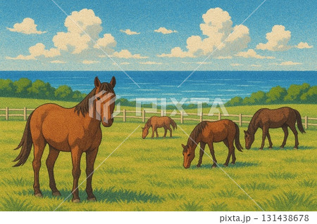 高原の牧場　海　サラブレッド　砂絵調 131438678