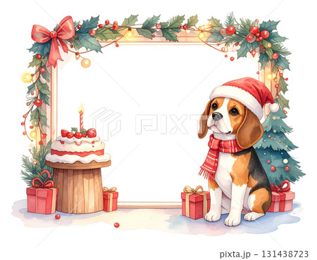 ビーグルの子犬とクリスマスケーキのサンタフレームイラスト2／チラシやポスター用素材 131438723