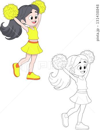 Cheerful Cheerleader Girl Jumping with Pom Poms Illustration Cheerful Cheerleader Girl Jumping with Pom Poms Illustration 131438848