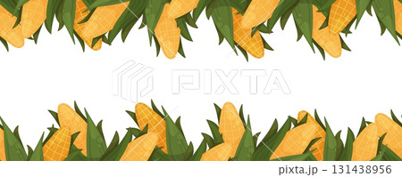 Seamless border with corn cobs and green leaves on top and bottom Seamless border with corn cobs and green leaves on top and bottom 131438956