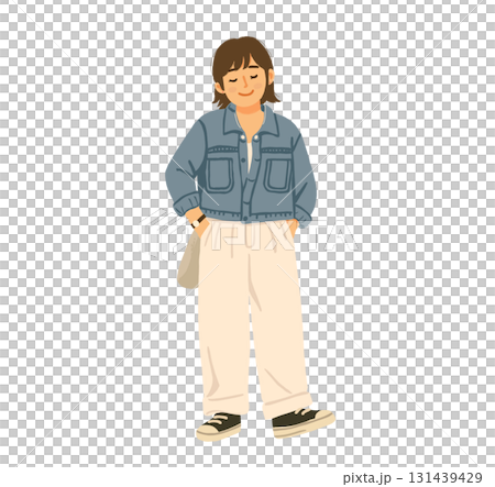 Illustration of young woman wearing denim jacket 131439429
