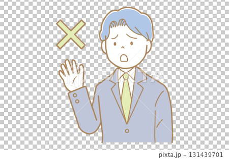 一位身穿西裝的年輕男子擺出一副說「不」的姿勢 一位身穿西裝的年輕男子擺出一副說「不」的姿勢 131439701