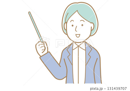 棒を使って指示をする青い髪でスーツの女性のイラスト 棒を使って指示をする青い髪でスーツの女性のイラスト 131439707