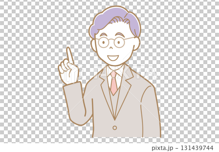 Illustration of a young man in a suit with glasses pointing and smiling 131439744
