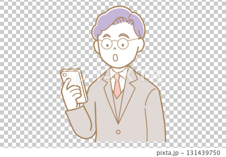 スマホを見るメガネでスーツ姿の若い男性のイラスト スマホを見るメガネでスーツ姿の若い男性のイラスト 131439750