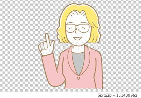 Illustration of a woman with yellow hair and glasses in a suit pointing Illustration of a woman with yellow hair and glasses in a suit pointing 131439962