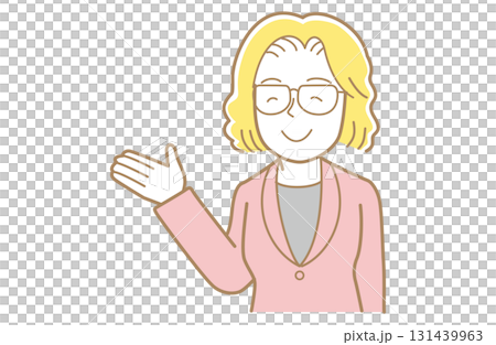Illustration of a woman with yellow hair and glasses in a suit holding out her hand Illustration of a woman with yellow hair and glasses in a suit holding out her hand 131439963