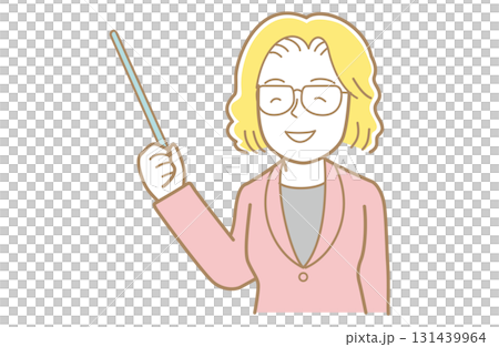 Illustration of a woman with yellow hair and glasses in a suit giving instructions using a stick Illustration of a woman with yellow hair and glasses in a suit giving instructions using a stick 131439964