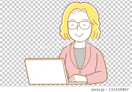 Illustration of a woman with yellow hair and glasses in a suit looking at a computer screen Illustration of a woman with yellow hair and glasses in a suit looking at a computer screen 131439967