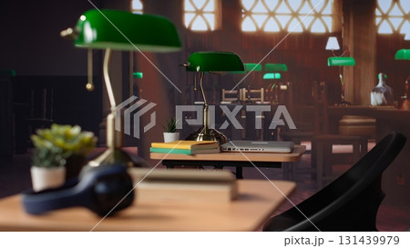 University library filled with academic books and research papers, designated space for students to work on school assignments or make exam preparations. Self learning. Camera A. 131439979