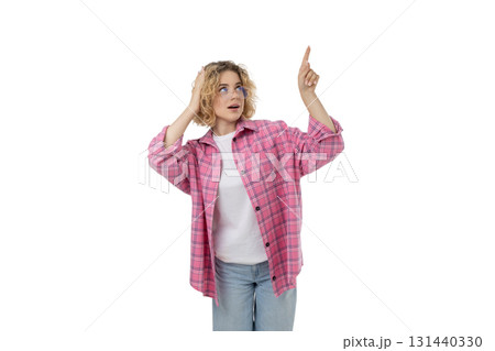 Joyful young woman full of surprise, isolated on white, PNG 131440330