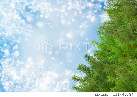 Evergreen branches poke through falling snowflakes, space for text Evergreen branches poke through falling snowflakes, space for text 131440384