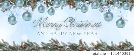 Blue ornaments and pine branches bring Christmas cheer Blue ornaments and pine branches bring Christmas cheer 131440391