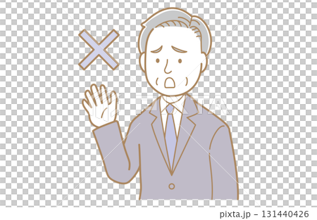 Illustration of an elderly man in a suit posing as if saying no Illustration of an elderly man in a suit posing as if saying no 131440426