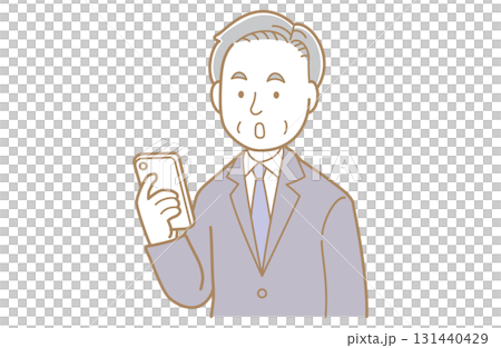 Illustration of an elderly man in a suit using a smartphone Illustration of an elderly man in a suit using a smartphone 131440429