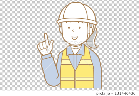 Illustration of a woman in work clothes, helmet and safety vest pointing Illustration of a woman in work clothes, helmet and safety vest pointing 131440430
