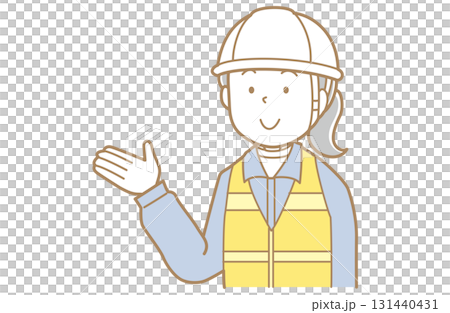 一名身穿工作服、身穿安全背心、頭戴頭盔的婦女伸出手的插圖 一名身穿工作服、身穿安全背心、頭戴頭盔的婦女伸出手的插圖 131440431