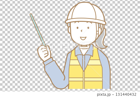Illustration of a woman in work clothes and a helmet and safety vest pointing with a pointer Illustration of a woman in work clothes and a helmet and safety vest pointing with a pointer 131440432