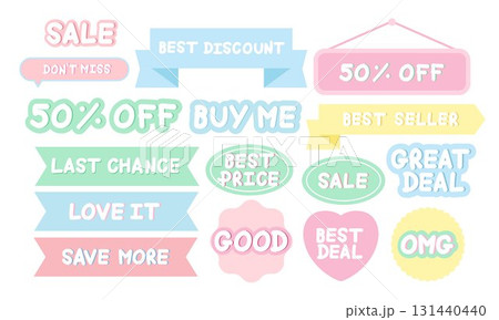 Vector illustrations of pastel sale icons including best discount, 50% off, last chance, buy me, save more, best deal, best price, OMG, good for online shopping, web icon, discount, campaign badges Vector illustrations of pastel sale icons including best discount, 50% off, last chance, buy me, save more, best deal, best price, OMG, good for online shopping, web icon, discount, campaign badges 131440440