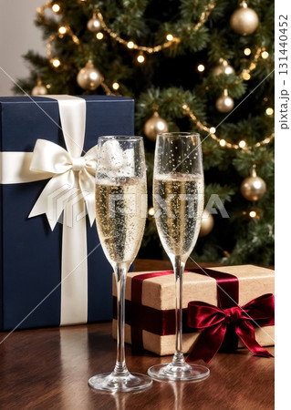 new year's celebration with glasses of champagne and gift box on a wooden table 131440452