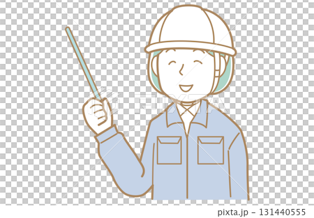 一名身穿工作服、頭戴頭盔的婦女用指針指向的插圖 一名身穿工作服、頭戴頭盔的婦女用指針指向的插圖 131440555
