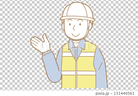 一名身穿工作服、戴著頭盔和安全背心的男子伸出手的插圖 一名身穿工作服、戴著頭盔和安全背心的男子伸出手的插圖 131440561
