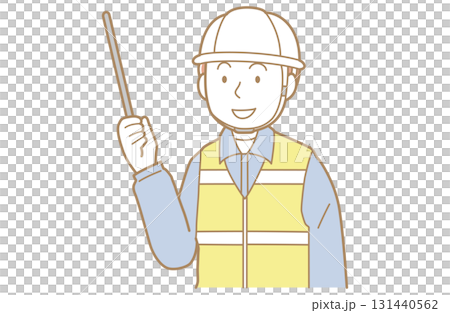 一名身穿工作服、頭戴頭盔、身穿安全背心的男子用指針指向的插圖 一名身穿工作服、頭戴頭盔、身穿安全背心的男子用指針指向的插圖 131440562