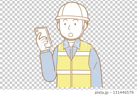 戴著頭盔、安全背心和工作服的男子操作智慧型手機的插圖 戴著頭盔、安全背心和工作服的男子操作智慧型手機的插圖 131440579