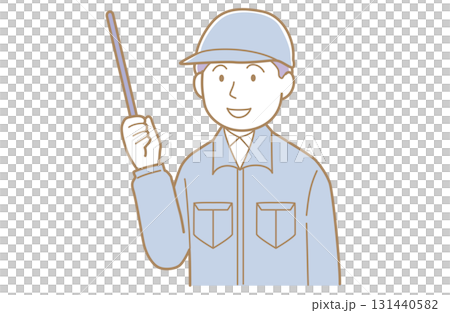 Illustration of a smiling man in work clothes and a hat pointing with a pointer Illustration of a smiling man in work clothes and a hat pointing with a pointer 131440582