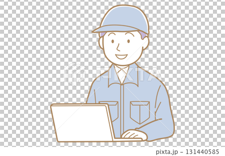 一名身穿工作服、戴著帽子的男子麵帶微笑,正在使用電腦的插圖 一名身穿工作服、戴著帽子的男子麵帶微笑,正在使用電腦的插圖 131440585