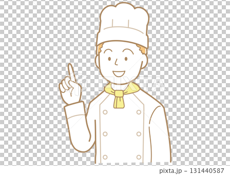 指差すポーズをする若い男性のコックさんのイラスト 131440587