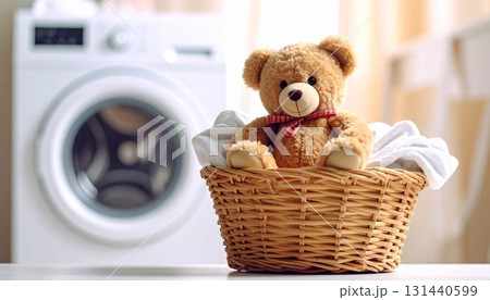 Teddy Bear in Laundry Basket in Laundry Room 131440599