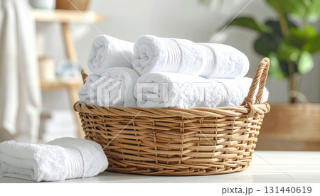 Clean Towels in a Woven Basket 131440619