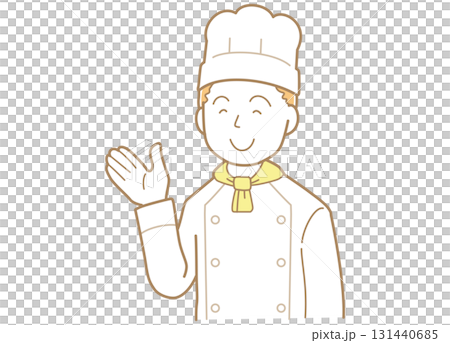 手のひらで示すポーズをする若い男性のコックさんのイラスト 131440685