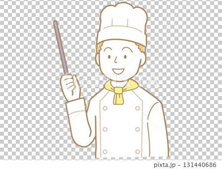 Illustration of a young male chef pointing with a pointer 131440686