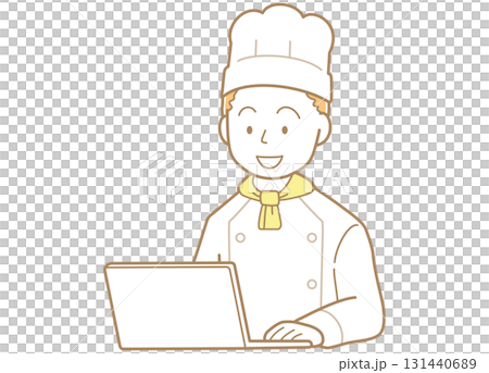 一位年輕男廚師看著電腦螢幕的插圖 131440689