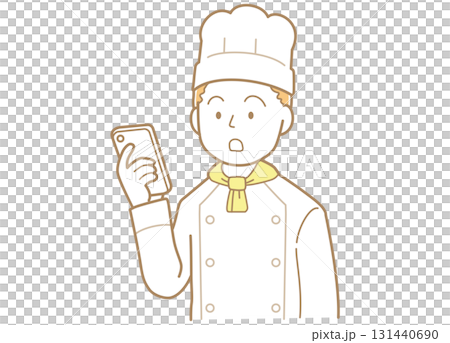 一位年輕男廚師看著智慧型手機螢幕的插圖 131440690
