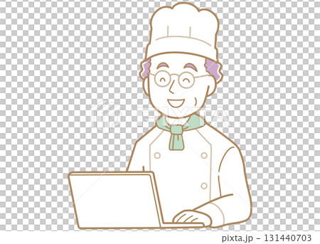 パソコンの画面を見るベテランのコックさんのイラスト 131440703